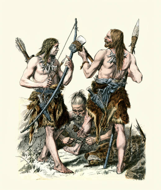 Stone Age hunters, dressed in animal skins, armed with bow and arrow, Flint axe and spear, bone necklace, Ancient History vector art illustration