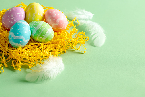 Multi colored hand-painted Easter eggs with feathers on a green background. Space for copy.