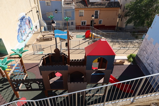 Castalla, Alicante, Spain, February 3, 2023: Playmobil themed playground in Castalla, Alicante, Spain