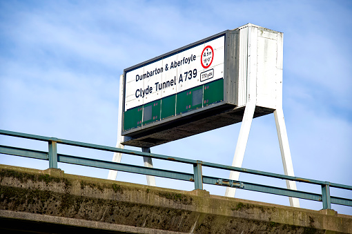 Clyde Tunnel M8 motorway sign heading north through Glasgow UK