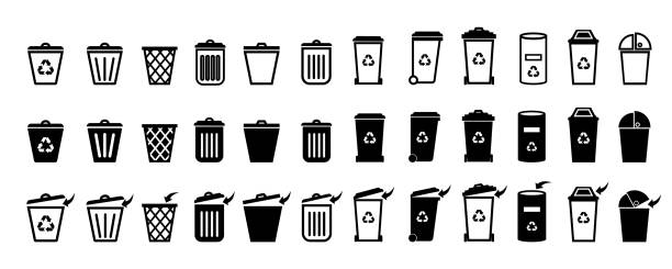 Trash can vector icon set.Bin and trash can png icons.Recycle bin.Vector trash can symbol.Garbage tank.Wastebasket.Dustbin icon.Delete. Trash can vector icon set.Bin and trash can png icons.Recycle bin.Vector trash can symbol.Garbage tank.Wastebasket.Dustbin icon.Delete. garbage can stock illustrations