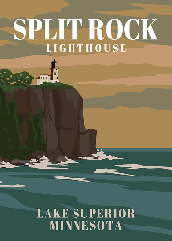 Travel retro poster Split Rock Lighthouse Minnesota. Vintage vector illustration lighthouse card Lake Superior USA