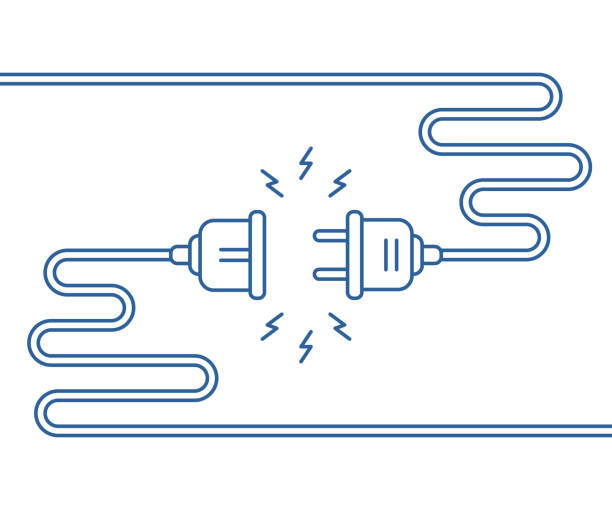 blue linear electric plug and socket isolated on white blue linear electric plug and socket isolated on white. abstract lineart style trend modern simple graphic stroke art design element. concept of reliable and easy connection of equipment in the office power cable illustrations stock illustrations