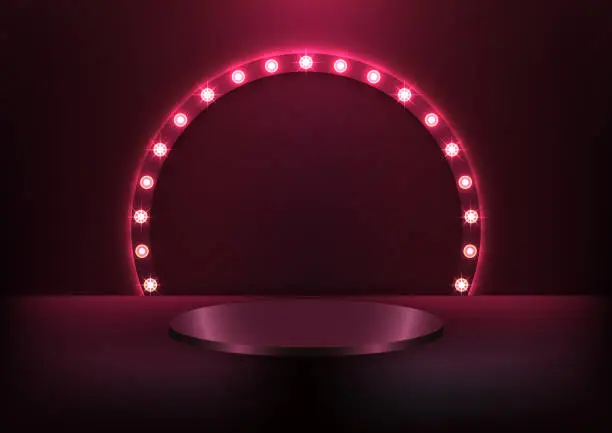 Vector illustration of 3D realistic red podium pedestal with glowing light bulb circle backdrop on dark background retro style