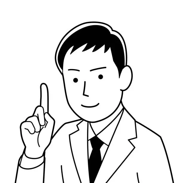 Vector illustration of A man in a suit who raises his index finger and explains one point.