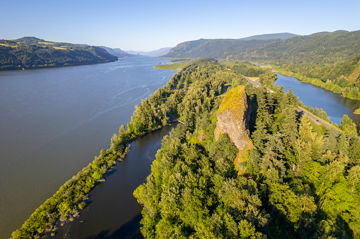 An aerial view of Rooster Rock State Park in the Columbia River gorge, Oregon.