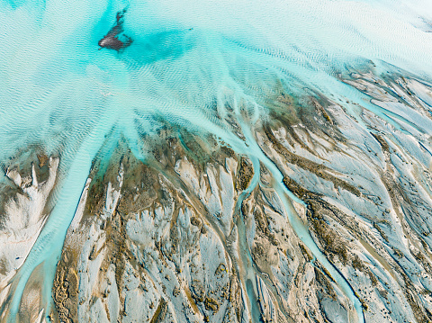 Aerial View of Beautiful turquoise Lake Pukaki in Mount Cook Glacier Mountain Range, South Island, Canterbury, Mackenzie Basin, Mount Cook, New Zealand