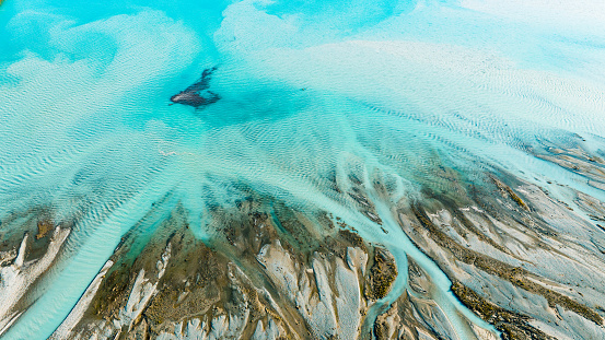 Aerial View of Beautiful turquoise Lake Pukaki in Mount Cook Glacier Mountain Range, South Island, Canterbury, Mackenzie Basin, Mount Cook, New Zealand