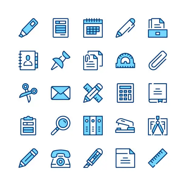 Vector illustration of Stationery line icons. Set of stationery icons. Blue color. Outline stroke symbols. Vector line icons set