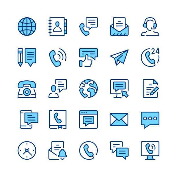 Contact line icons. Set of contact icons. Blue color. Outline stroke symbols. Vector line icons set Contact line icons. Set of contact icons. Blue color. Outline stroke symbols. Vector line icons set contact us blue stock illustrations
