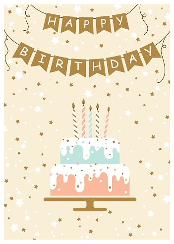 Happy birthday greeting card. Vector illustration of cake with candles. Hand drawn style.