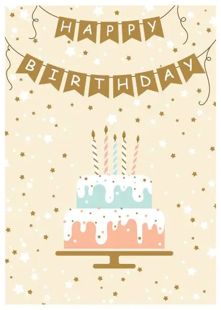 Vector illustration of Happy birthday greeting card. Vector illustration of cake with candles. Hand drawn style.