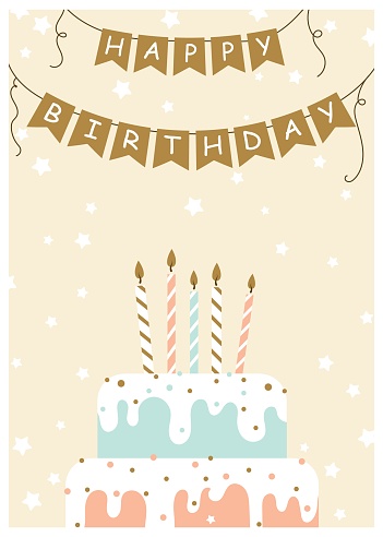 Happy birthday greeting card. Vector illustration of cake with candles. Hand drawn style.