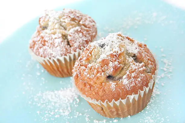 Two blueberry muffins sprinkled with powdered sugar.