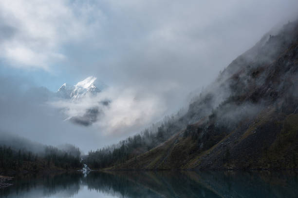 Tranquil scenery with snow castle in clouds. Mountain creek flows from forest hills into glacial lake. Snowy mountains in fog clearance. Small river and coniferous trees reflected in calm alpine lake.