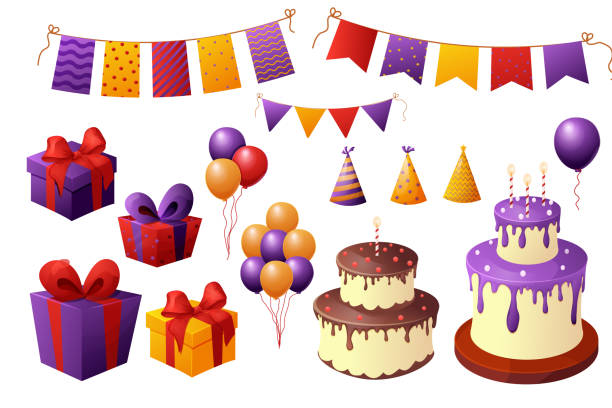 istock Set birthday elements, celebration cake and presents, garland and balloons, party paper hats in cartoon style isolated om white background. Vector illustration 1467732149