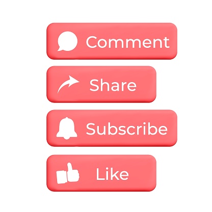 3d vector collection of red rectangle social media share, subscribe, like, Comment, follow bubble box icon design. Cartoon render new like notification chat box, ui isolated on background.
