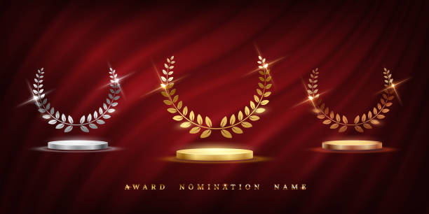 illustrazioni stock, clip art, cartoni animati e icone di tendenza di insegne d'oro, argento e bronzo con podi e corona d'alloro isolata su sfondo rosso ondeggiante tenda. modello di design del trofeo del premio vettoriale - jury entertainment