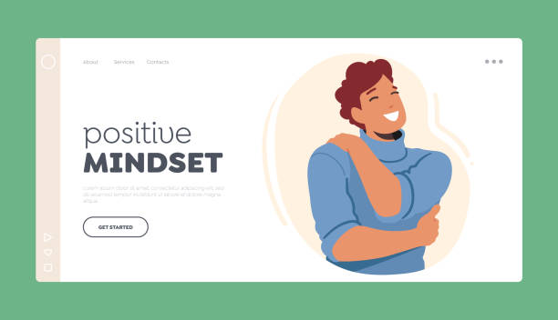 ilustrações de stock, clip art, desenhos animados e ícones de positive mindset landing page template. solo comfort and solace concept with selfish man embrace himself and smile - solace