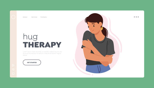 ilustrações de stock, clip art, desenhos animados e ícones de hug therapy landing page template. female character taking care of oneself, feel love and secure. comfort and solace - solace