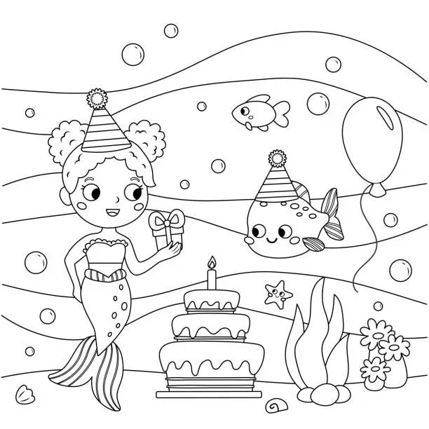 Vector illustration of Coloring page with cute mermaid, fish, seaweeds and corals. Cartoon characters. Fairy tale. Birthday coloring book. Black and white vector illustration.