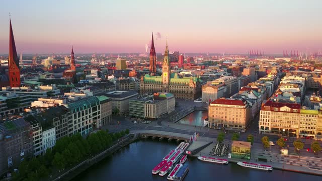 hamburg aerial view drone flying up from alster lake at sunrise