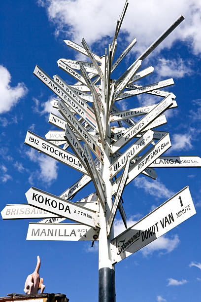 Guidepost with tens of directions to various cities stock photo