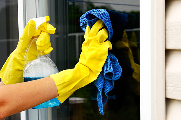 istock Yellow-gloved hands cleaning a window with glass cleaner 146774166