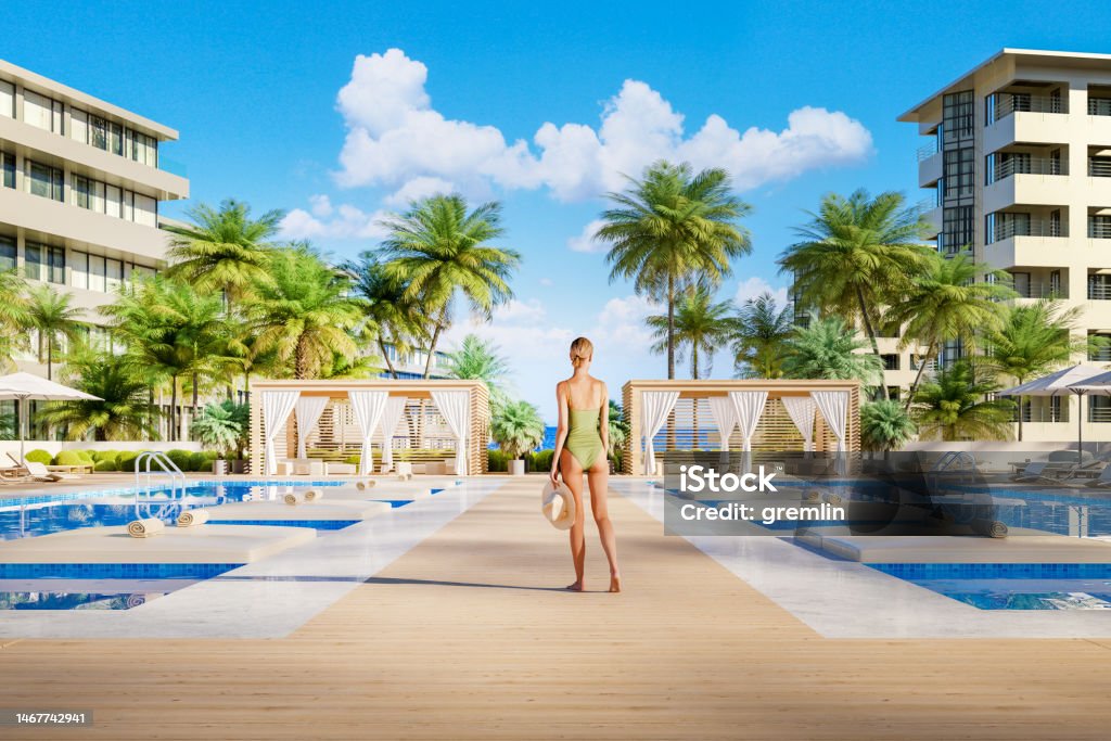 Tourist resort in the summer Tourist resort in the summer with woman walking next to swimming pool. 3D generated image. Generic location and architecture. Tourist Resort Stock Photo