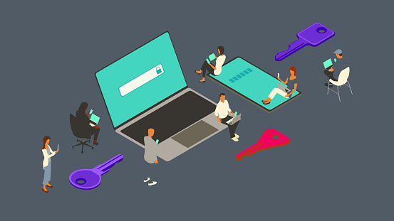 7 people gather around an oversized laptop and mobile phone — using their own laptops and mobile devices — logging in to software via multifactor authentication. A technology theme is emphasized by the flat color palette, including bold purple, turquoise, and magenta highlights on a dark gray background. Conceptual illustration is presented in isometric view on a 16x9 artboard, using vector shapes throughout.