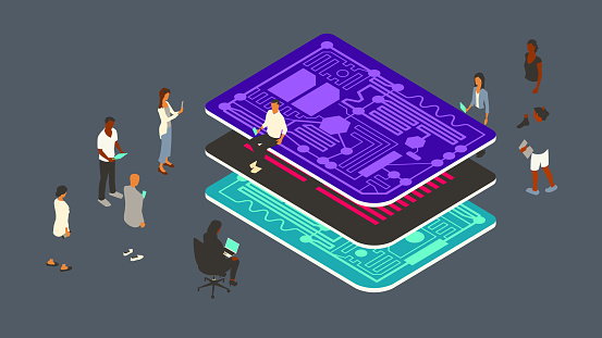 Nine people gather around a visual representation of a technology stack, using laptops and mobile devices. A technology theme is emphasized by the flat color palette, including bold purple, turquoise, and magenta highlights on a dark gray background. Conceptual illustration is presented in isometric view on a 16x9 artboard, using vector shapes throughout.