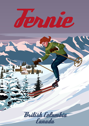 Vintage Travel poster Ski Fernie resort. Canada winter landscape travel view, skier woman on the snow mountain, retro. Vector illustration