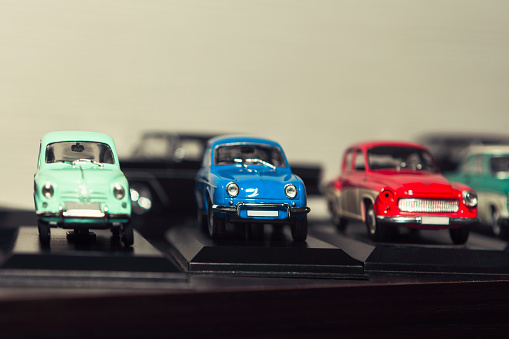 Miniature models of retro cars . Vintage automobile exibition