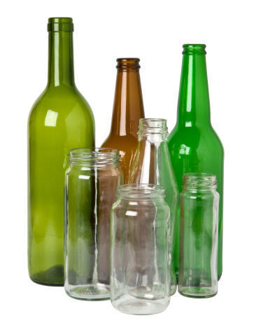 Glass bottles and jars prepared for recycling