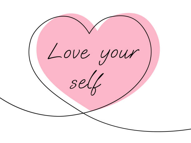 liebe dich selbst. yuaner im line art stil mit rosa herz - pampering stock-grafiken, -clipart, -cartoons und -symbole