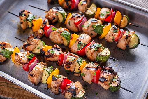 Grilled Chicken Kebabs (Kabobs) with Red and Yellow Bell Peppers, Zucchini and Red Onion