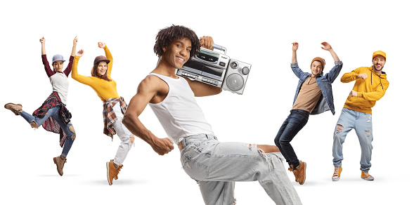African american young man dancing with a boombox and other young people dancing in the back isolated on white background