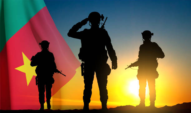 istock Silhouette of soldiers with Cameroon flag 1467756692