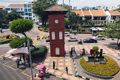 Dutch Square clock tower aerial view in Melaka historical town Malaysia