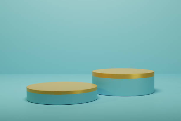 istock 3d light blue cylinder product display podium with gold top surface on empty background. 3d mockup illustration 1467758040