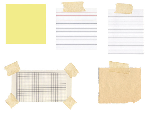 A few of different size note, notebook, copybook sheets stuck with sticky tape on background and with blank space for text