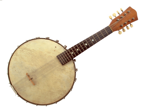 Antique six-string banjo on a white background