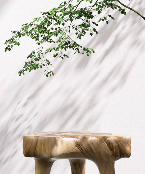Beautiful grain, natural shape wooden podium table, tropical tree in dappled sunlight, leaf shadow on white concrete texture wall stock photo