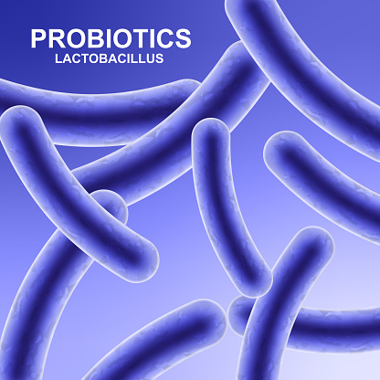 Probiotic background. Microbiome elements on purple background. Human health background. EPS10 vector