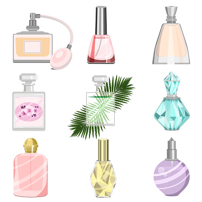 A collection of perfumes in different bottles, isolated on a white background.Vector set for perfume designs.