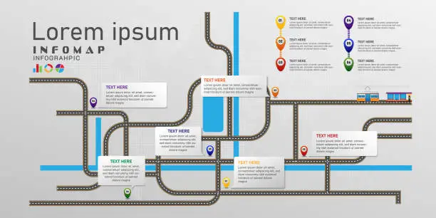 Vector illustration of Citymap and numbers of pin infographic vector illustration with colorful topic information, timeline progress target roadmap concept