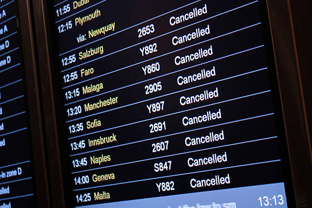 Flight Departures Board Departure board displaying all flights cancelled causing travel chaos delayed sign photos stock pictures, royalty-free photos & images