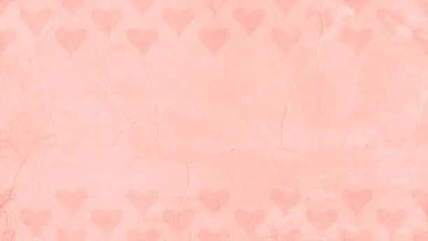 Vector illustration of Top and bottom border or frame of pattern of small faded pastel light pink peach coloured soft romantic faded hearts over monochrome valentine love romance theme plain backgrounds