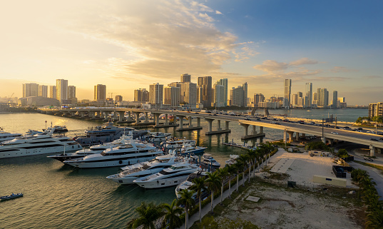 Biscayne Bay and Miami skylline drone scene at sunset