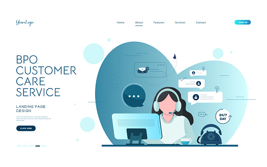 Operator in headphones communicates with clients on various issues. Contact us form template. Girl from support service helps customers. Hotline and call center. Landing page. Flat vector illustration